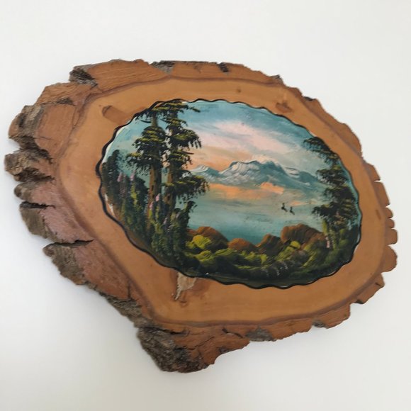 Wooden Hand Painted Live Edge Wall Hanging Mountain Forest Landscape Signed - Picture 2 of 7